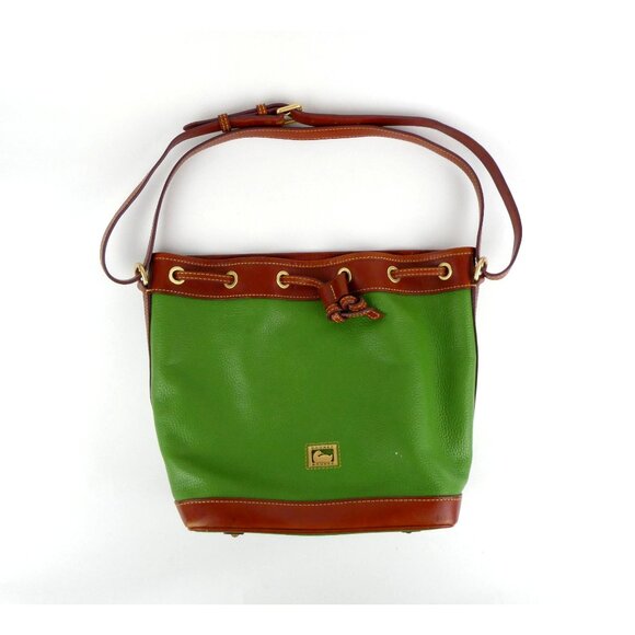 Dooney & Bourke Green Brown Leather Drawstring Bag - Picture 1 of 13